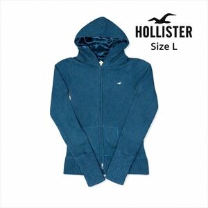 Hollister Y2K Teal Knit Zip Hoodie Satin Lined Hood Fitted Womens L Vintage